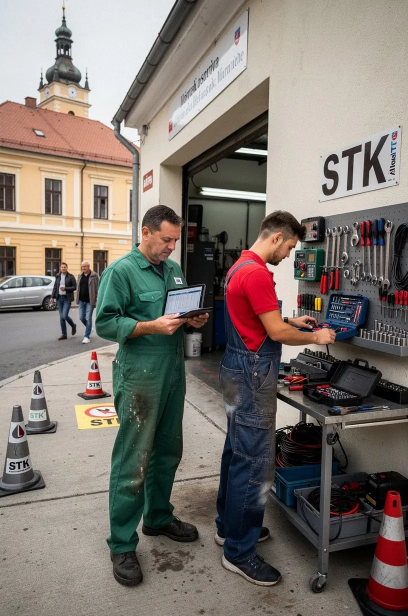 Autoservisný technik vykonáva kontrolu brzdového systému vozidla.